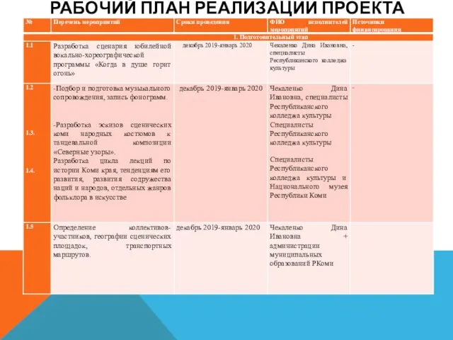 РАБОЧИЙ ПЛАН РЕАЛИЗАЦИИ ПРОЕКТА