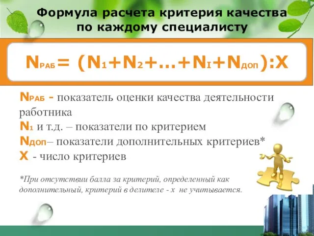 Формула расчета критерия качества по каждому специалисту NРАБ= (N1+N2+…+NI+NДОП):X NРАБ