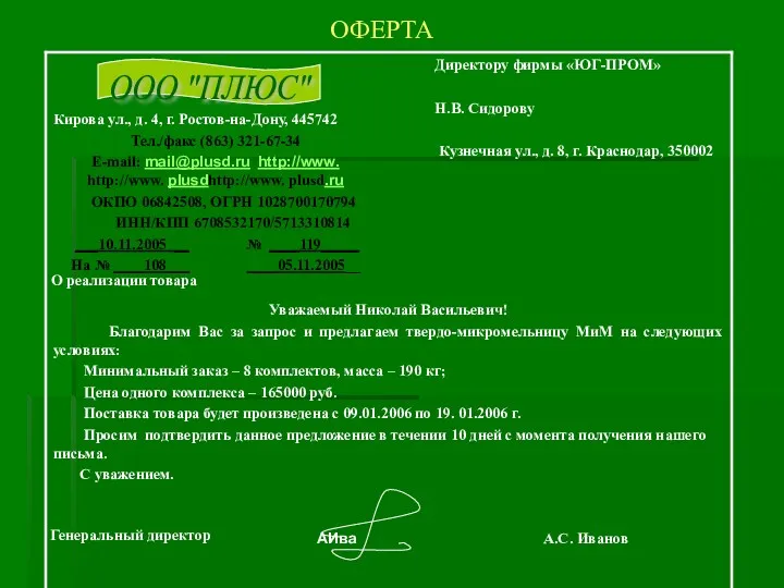 ОФЕРТА ООО "ПЛЮС" О реализации товара Генеральный директор