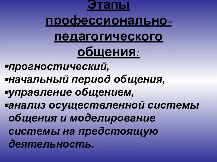 Этапы профессионально-педагогического общения: прогностический, начальный период общения, управление общением, анализ осуществленной системы общения