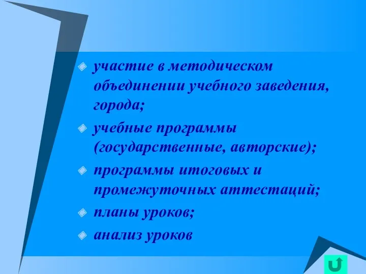 участие в методическом объединении учебного заведения, города; учебные программы (государственные, авторские); программы итоговых