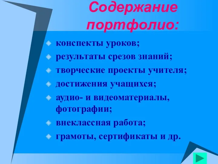 Содержание портфолио: конспекты уроков; результаты срезов знаний; творческие проекты учителя; достижения учащихся; аудио-