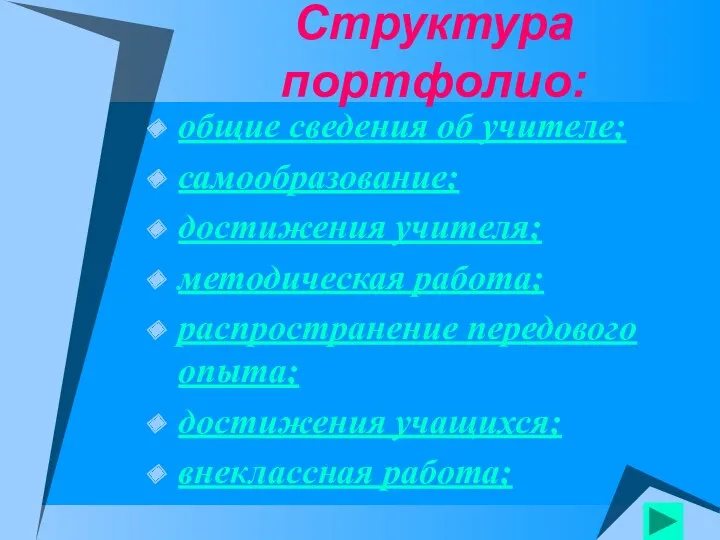 Структура портфолио: общие сведения об учителе; самообразование; достижения учителя; методическая работа; распространение передового