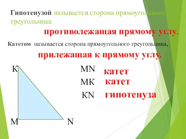 Гипотенузой называется сторона прямоугольного треугольника MN катет MК катет КN гипотенуза Катетом называется