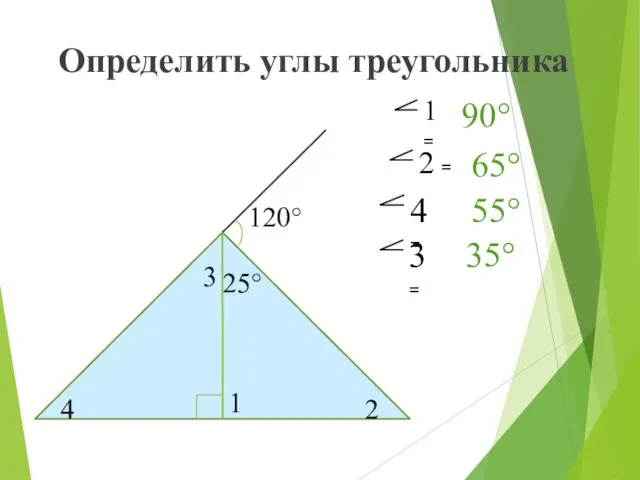 Определить углы треугольника 90° 65° 55° 35°