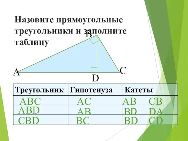 Назовите прямоугольные треугольники и заполните таблицу ABC ABD CBD AC