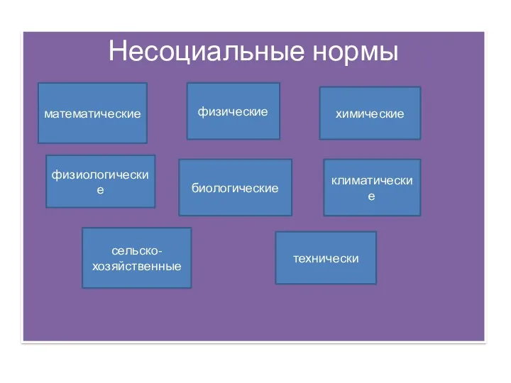 Несоциальные нормы математические физические химические физиологические климатические биологические сельско- хозяйственные технически