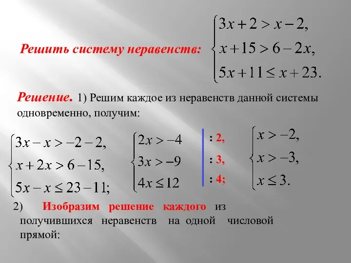 Решить систему неравенств: Решение. 1) Решим каждое из неравенств данной системы одновременно, получим: