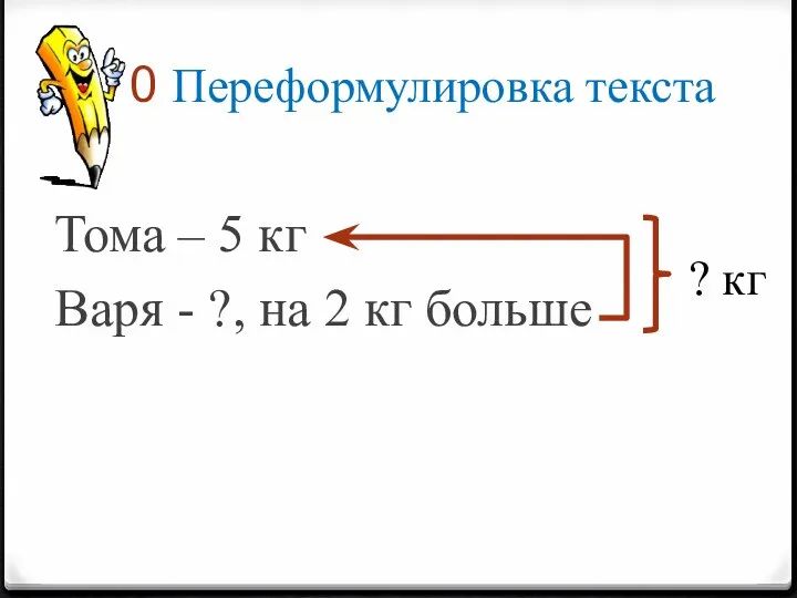 Переформулировка текста Тома – 5 кг Варя - ?, на 2 кг больше ? кг