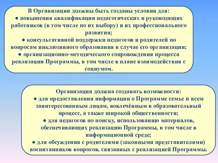 Организация должна создавать возможности: ● для предоставления информации о Программе