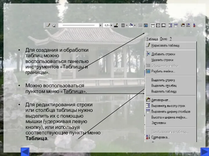 Для создания и обработки таблиц можно воспользоваться панелью инструментов «Таблицы