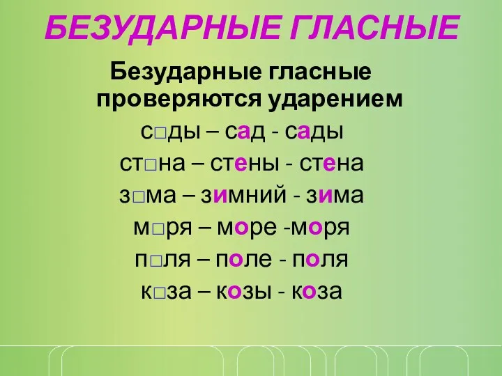 БЕЗУДАРНЫЕ ГЛАСНЫЕ Безударные гласные проверяются ударением сды – сад -