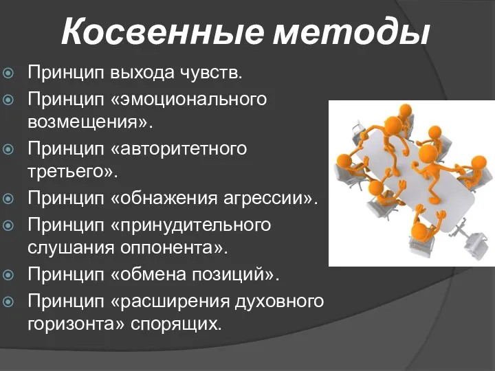 Косвенные методы Принцип выхода чувств. Принцип «эмоционального возмещения». Принцип «авторитетного