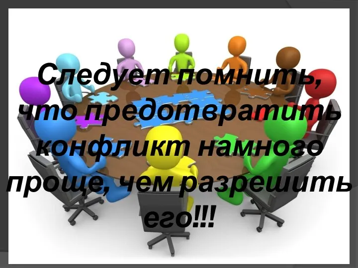 Следует помнить, что предотвратить конфликт намного проще, чем разрешить его!!!