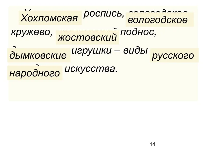 Хохломская роспись, вологодское кружево, жостовский поднос, дымковские игрушки – виды