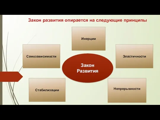 Самозависимости Стабилизации Эластичности Инерции Непрерывности Закон Развития Закон развития опирается на следующие принципы