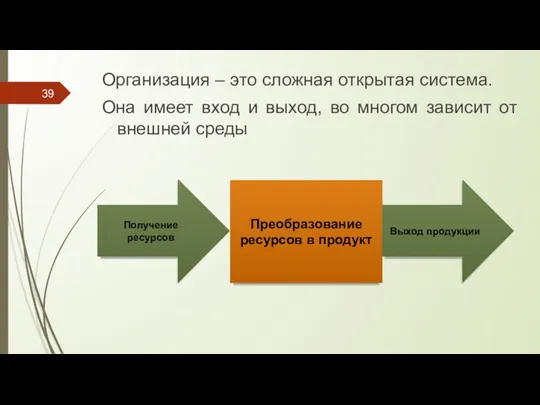 Организация – это сложная открытая система. Она имеет вход и