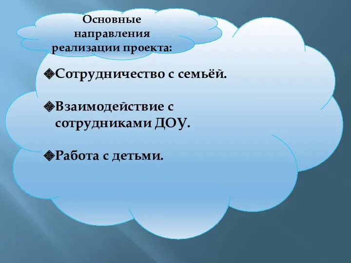 Сотрудничество с семьёй. Взаимодействие с сотрудниками ДОУ. Работа с детьми. Основные направления реализации проекта: