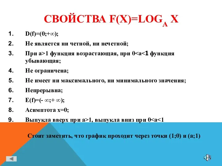СВОЙСТВА F(X)=LOGA X D(f)=(0;+∞); Не является ни четной, ни нечетной;