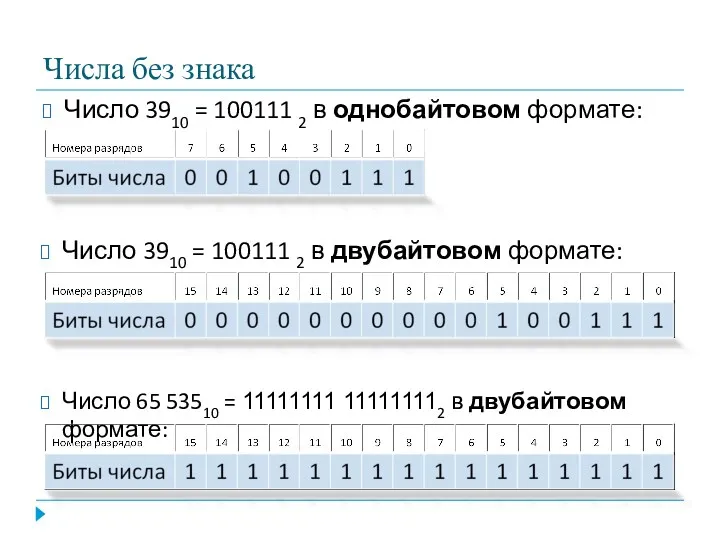 Числа без знака Число 3910 = 100111 2 в однобайтовом