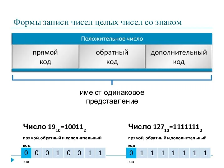 Формы записи чисел целых чисел со знаком имеют одинаковое представление