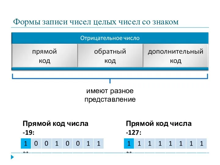 Формы записи чисел целых чисел со знаком имеют разное представление