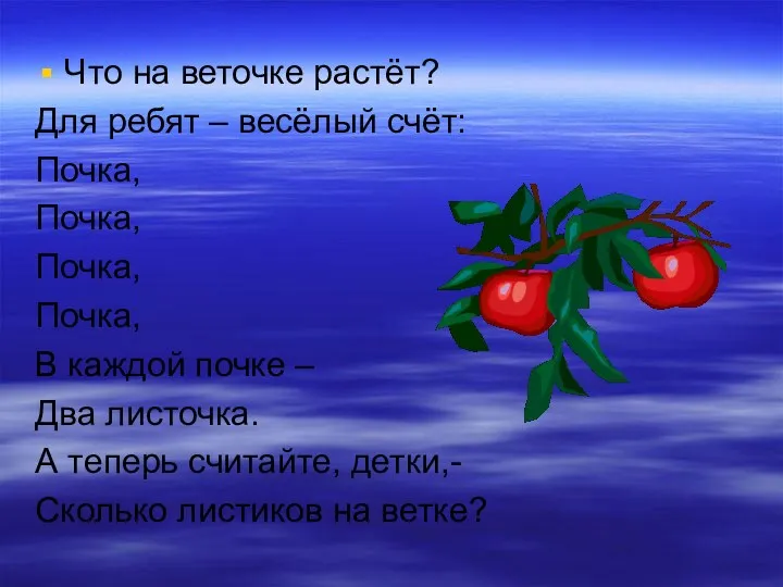 Что на веточке растёт? Для ребят – весёлый счёт: Почка,