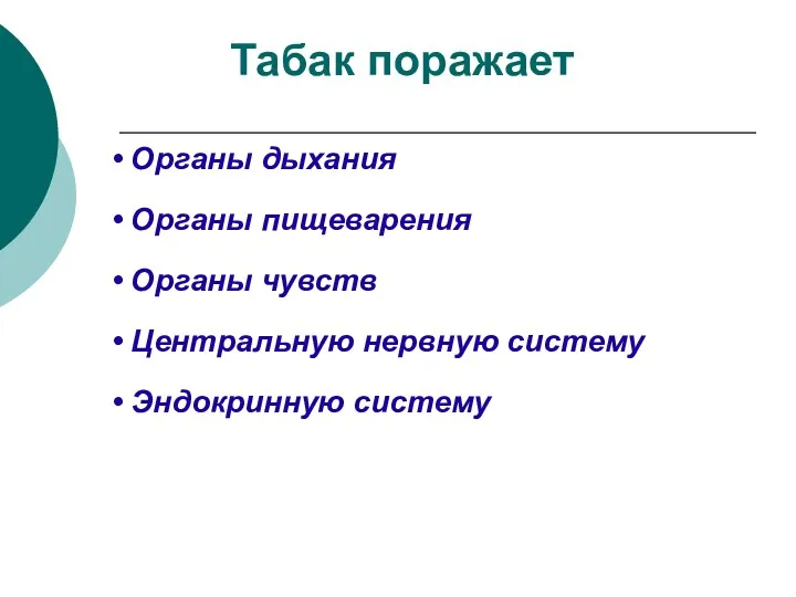 Табак поражает Органы дыхания Органы пищеварения Органы чувств Центральную нервную систему Эндокринную систему