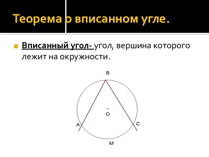 Теорема о вписанном угле. Вписанный угол- угол, вершина которого лежит на окружности.