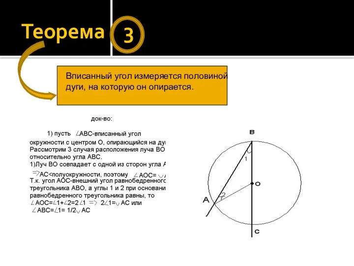 Теорема 3 Вписанный угол измеряется половиной дуги, на которую он опирается.