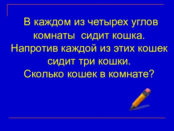 В каждом из четырех углов комнаты сидит кошка. Напротив каждой