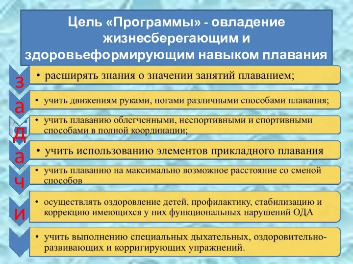 Цель «Программы» - овладение жизнесберегающим и здоровьеформирующим навыком плавания