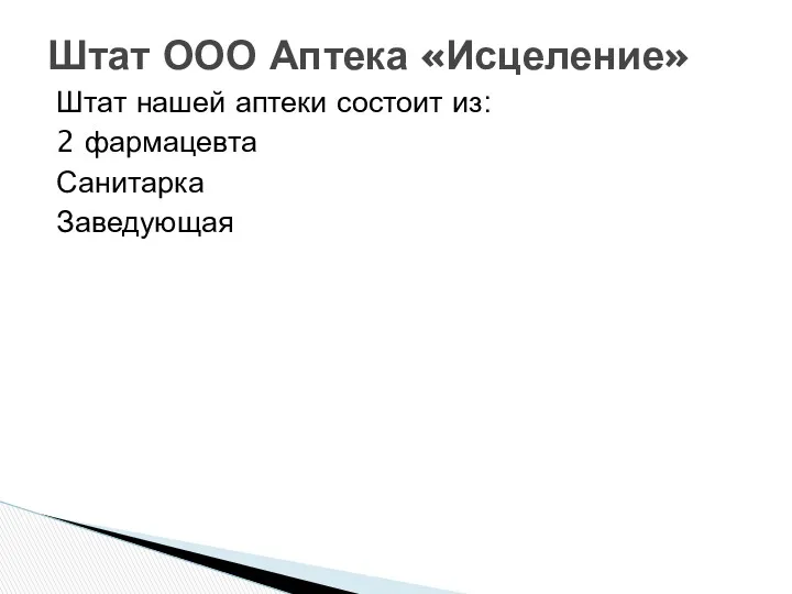 Штат нашей аптеки состоит из: 2 фармацевта Санитарка Заведующая Штат ООО Аптека «Исцеление»