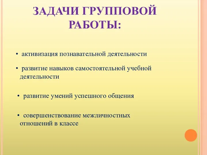 ЗАДАЧИ ГРУППОВОЙ РАБОТЫ: активизация познавательной деятельности развитие навыков самостоятельной учебной