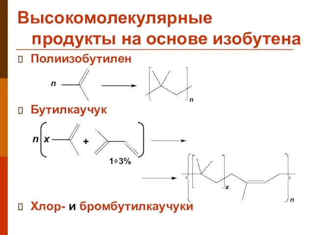 Высокомолекулярные продукты на основе изобутена Полиизобутилен Бутилкаучук Хлор- и бромбутилкаучуки