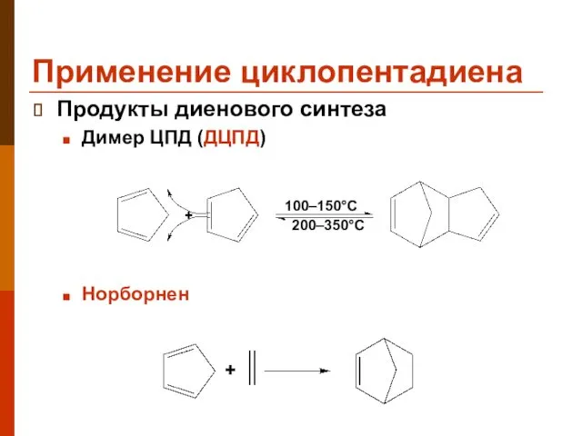 Применение циклопентадиена Продукты диенового синтеза Димер ЦПД (ДЦПД) Норборнен + + 100–150°C 200–350°C