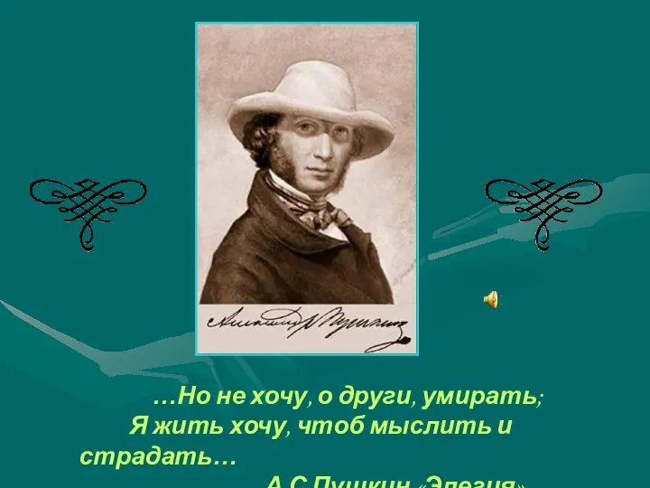 …Но не хочу, о други, умирать; Я жить хочу, чтоб мыслить и страдать… А.С.Пушкин «Элегия»