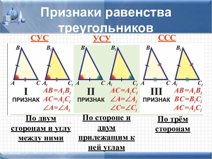 Признаки равенства треугольников СУС УСУ ССС По двум сторонам и