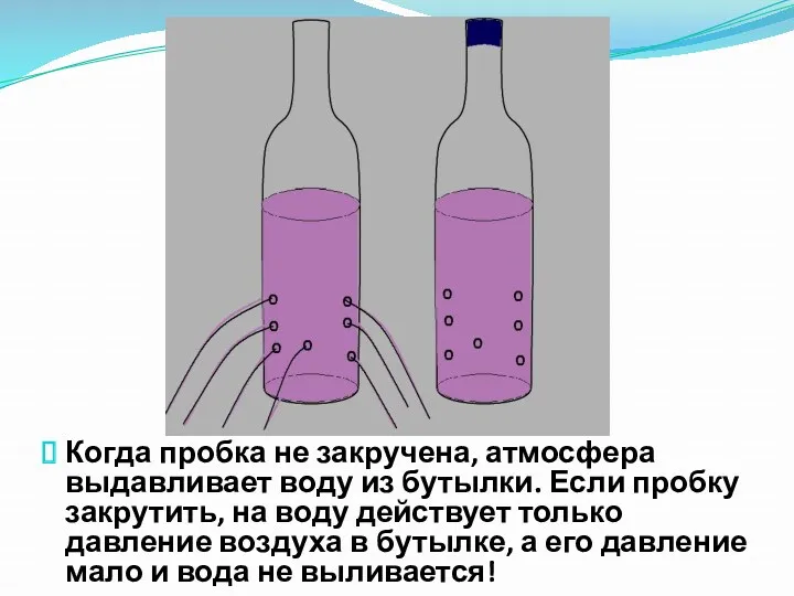 Когда пробка не закручена, атмосфера выдавливает воду из бутылки. Если