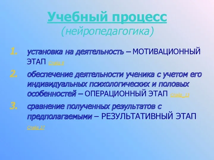 Учебный процесс (нейропедагогика) установка на деятельность – МОТИВАЦИОННЫЙ ЭТАП Слайд