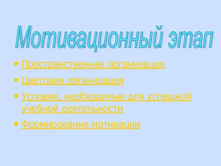 Пространственная организация Цветовая организация Условия, необходимые для успешной учебной деятельности Формирование мотивации Мотивационный этап