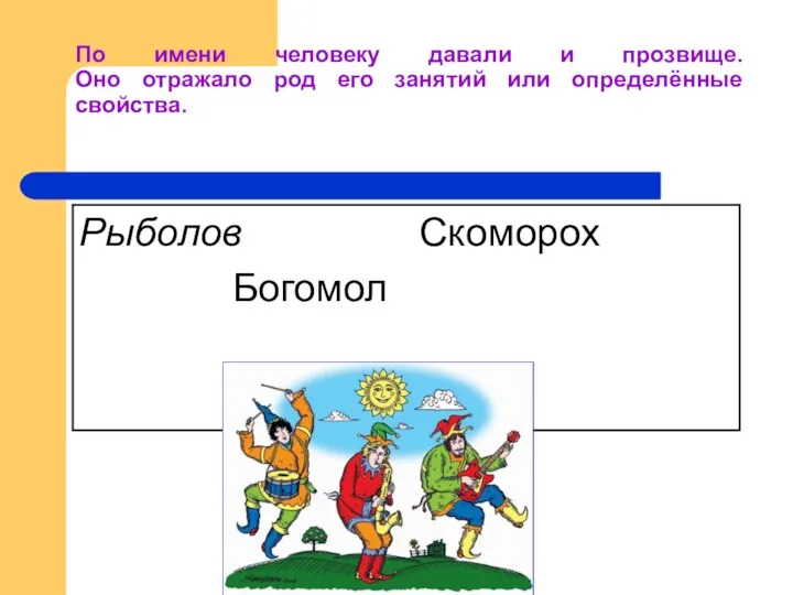 По имени человеку давали и прозвище. Оно отражало род его занятий или определённые свойства.