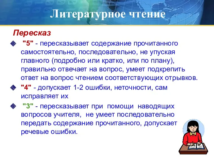 Литературное чтение Пересказ "5" - пересказывает содержание прочитанного самостоятельно, последовательно,