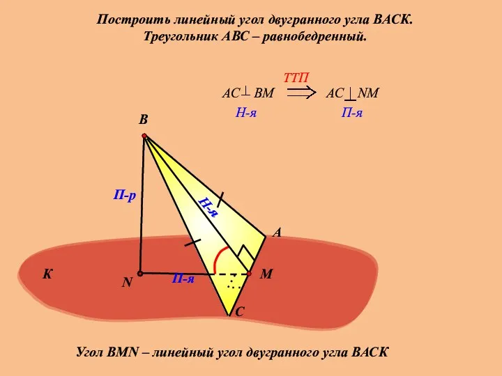 Построить линейный угол двугранного угла ВАСК. Треугольник АВС – равнобедренный.