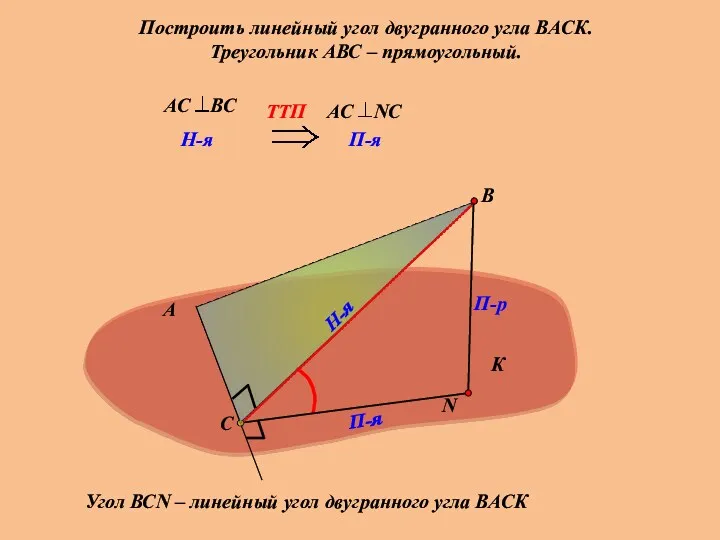 Построить линейный угол двугранного угла ВАСК. Треугольник АВС – прямоугольный.