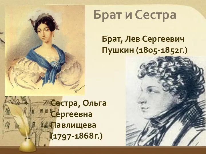 Сестра, Ольга Сергеевна Павлищева (1797-1868г.) Брат, Лев Сергеевич Пушкин (1805-1852г.) Брат и Сестра