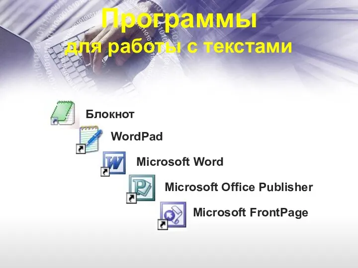 Программы для работы с текстами Блокнот WordPad Microsoft Word Microsoft Office Publisher Microsoft FrontPage