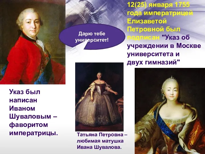 12(25) января 1755 года императрицей Елизаветой Петровной был подписан "Указ