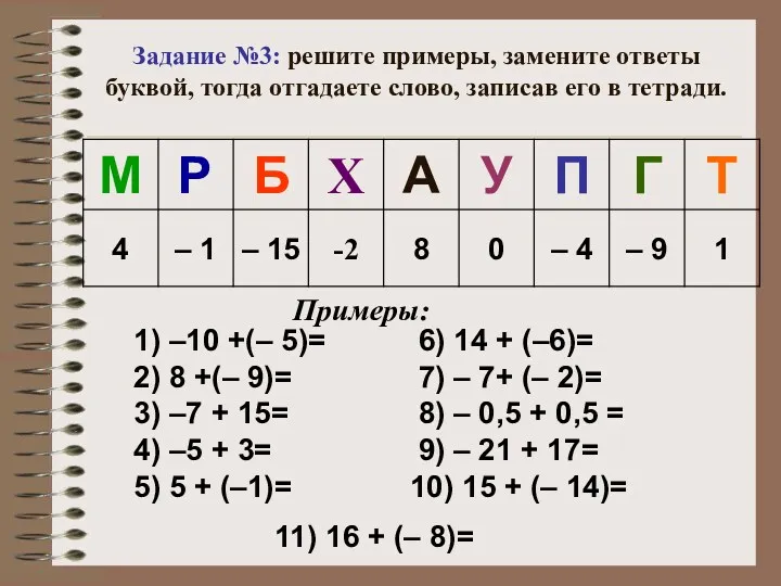 Задание №3: решите примеры, замените ответы буквой, тогда отгадаете слово, записав его в