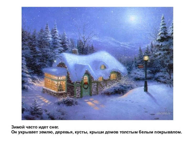 Зимой часто идет снег. Он укрывает землю, деревья, кусты, крыши домов толстым белым покрывалом.